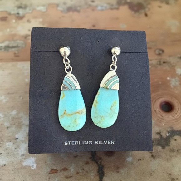 Native American Jewelry - Turquoise Sterling Silver Teardrop Dangle Statement Dangle Earrings